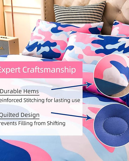 Meeting Story Camouflage Bedding Set, Colorful Pattern Style Queen Camouflage Comforter Set, 3 PCS 1 Comforter and 2 Pillowcases in 1 Bag, All Season Bedspread for Kids Teens Adults (Blue, Queen) - LeafyLoom