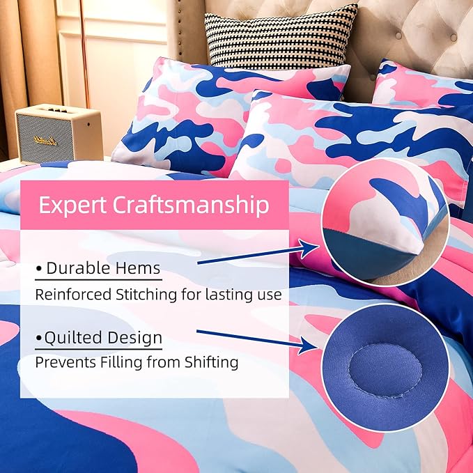 Meeting Story Camouflage Bedding Set, Colorful Pattern Style Queen Camouflage Comforter Set, 3 PCS 1 Comforter and 2 Pillowcases in 1 Bag, All Season Bedspread for Kids Teens Adults (Blue, Queen) - LeafyLoom