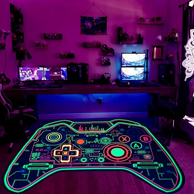 Gaming Rug Teen Boys Carpet Glow in The Blacklight Gamer Rug for Boys Room Playroom Non-Slip Area Rug Kids Boys Girls Game Room Casual Mat (60"x39") - LeafyLoom