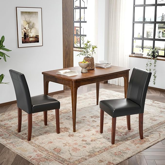 Soohow Upholstered Set of 2 with Solid Wood Legs Armless Indoor Dining Room, Kitchen Table Parson Chairs, Black Leather - LeafyLoom