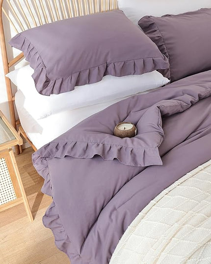 JANZAA Comforter Set Full Size Grayish Purple Ruffle Comforter 3PCS Soft Fluffy Comforter Vintage Farmhouse Bed Comforter Set Shabby Chic Bedding with 2 Pillowcases - LeafyLoom