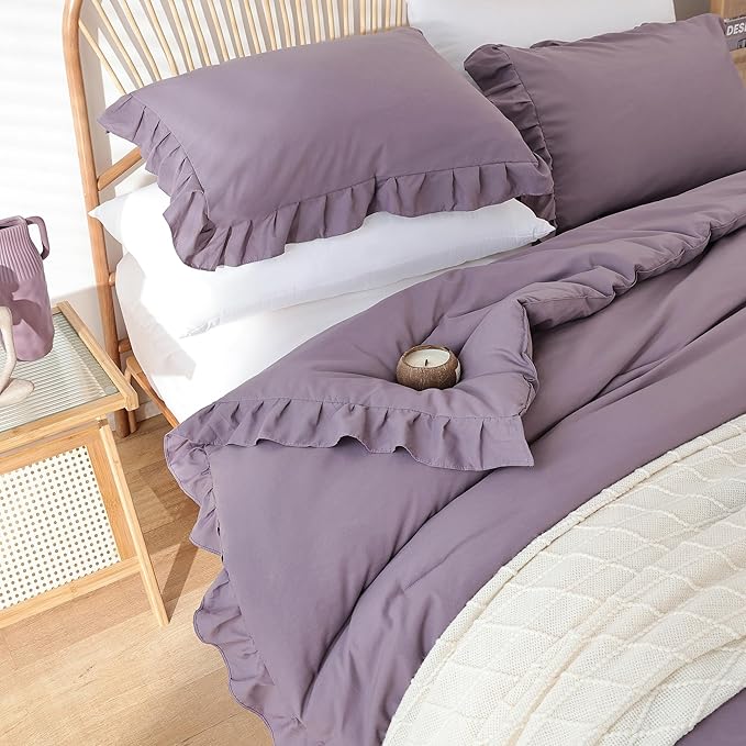 JANZAA Comforter Set Full Size Grayish Purple Ruffle Comforter 3PCS Soft Fluffy Comforter Vintage Farmhouse Bed Comforter Set Shabby Chic Bedding with 2 Pillowcases - LeafyLoom