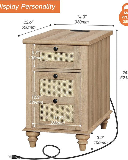WAMPAT Farmhouse Rattan End Table with Charging Station, Wood Side Table with Drawer & Storage Cabinet, Oak Nightstand with Power Outlets & USB Ports for Living Room, Bedroom, Burlywood - LeafyLoom