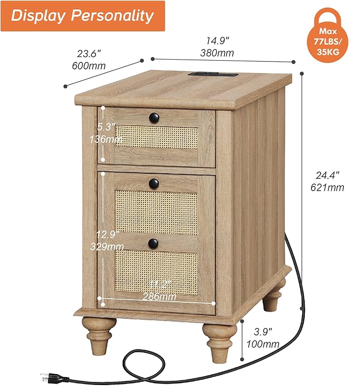 WAMPAT Farmhouse Rattan End Table with Charging Station, Wood Side Table with Drawer & Storage Cabinet, Oak Nightstand with Power Outlets & USB Ports for Living Room, Bedroom, Burlywood - LeafyLoom