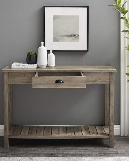 Walker Edison Portsmouth Classic 2 Glass Door TV Stand for TVs up to 80 Inches, 70 Inch, Grey Wash & Rustic Wood Farmhouse Entryway Accent Table with Storage Drawer Entry Table Living Room - LeafyLoom