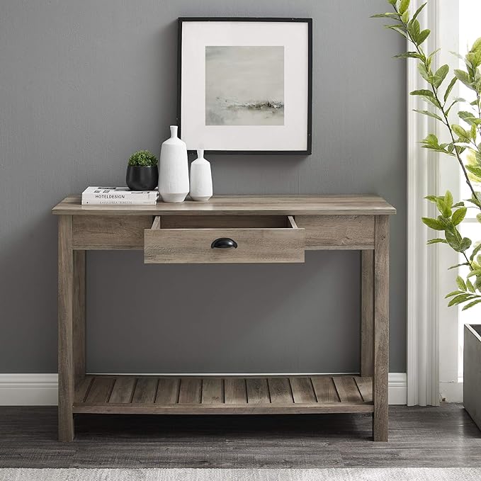 Walker Edison Portsmouth Classic 2 Glass Door TV Stand for TVs up to 80 Inches, 70 Inch, Grey Wash & Rustic Wood Farmhouse Entryway Accent Table with Storage Drawer Entry Table Living Room - LeafyLoom