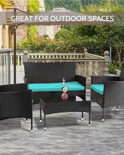 FDW Patio Furniture Set 4 Pieces Outdoor Rattan Chair Wicker Sofa Garden Conversation Bistro Sets for Yard,Pool or Backyard,Blue Cushions - LeafyLoom