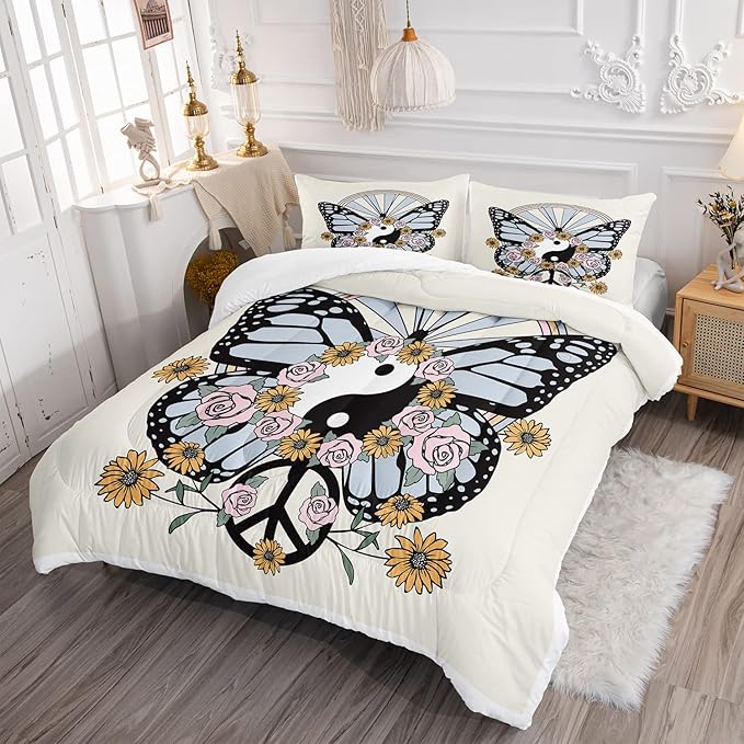 CVHOUSE Butterfly Bedding Set,Butterfly Comforter King,Butterfly Comforter Set for Girls Kids Teens,Butterflies Quilt Set with 1 Comforter and 2 Pillow Cases- 3 Piece - LeafyLoom