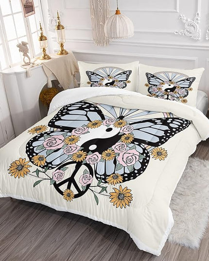 CVHOUSE Butterfly Bedding Set,Butterfly Comforter Queen,Butterfly Comforter Set for Girls Kids Teens,Butterflies Quilt Set with 1 Comforter and 2 Pillow Cases- 3 Piece - LeafyLoom