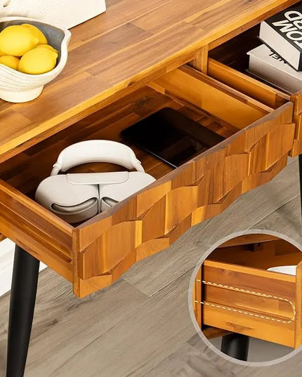 Bme Solid Wood Coffee Table with Storage Drawers & Console Table with Geometric Details, 2 Drawers Each, Brown - LeafyLoom