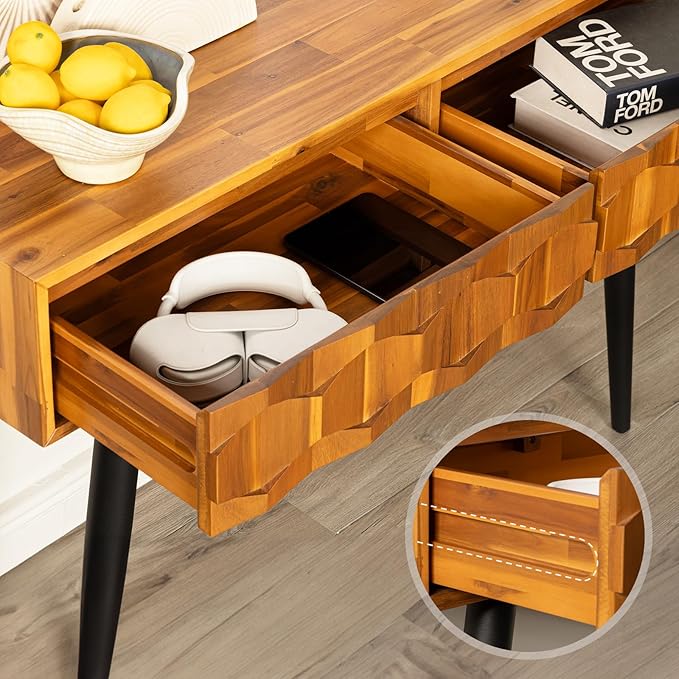 Bme 45 Inch Solid Wood TV Stand and Geometric Pattern 2 Drawer Console Table Bundle for Living Room and Entryway, Teak Brown - LeafyLoom