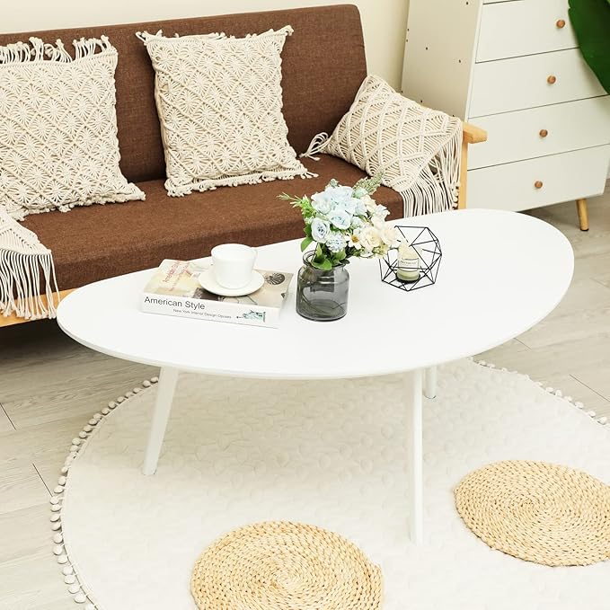 FIRMINANA Mid Century Modern Coffee Table,Large Oval White Coffee Table for Living Room,for Small Spaces,White-47.3" W x 23.63" D x 17.72" H - LeafyLoom