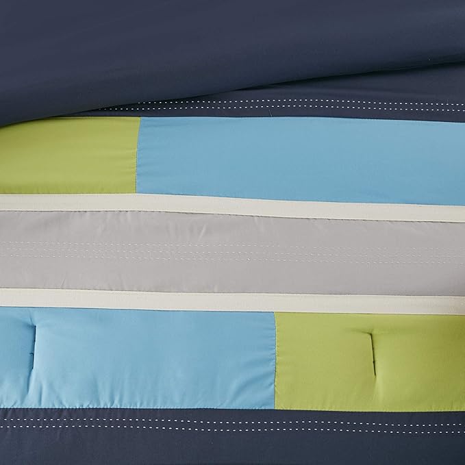 Mi Zone Cozy Comforter Set Geometric Stripes Vibrant Color Design All Season Bedding Matching Shams, Decorative Pillow, Twin/Twin XL, Pipeline Navy, 3 Piece - LeafyLoom