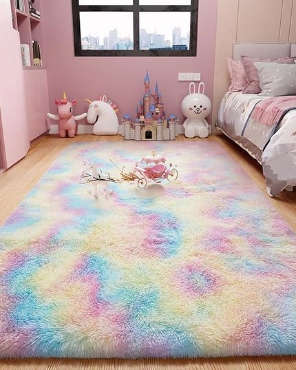 Ophanie Machine Washable Upgrade 4x6 Rainbow Rugs for Bedroom, Fluffy Shaggy Soft Area Rug, Non-Slip Indoor Floor Carpet for Living Room, Kids Girls Boys Teen Dorm Home Decor Aesthetic, Nursery - LeafyLoom