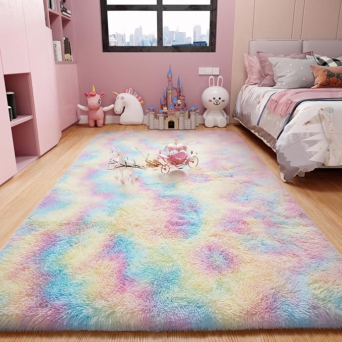 Ophanie Machine Washable Upgrade 4x6 Rainbow Rugs for Bedroom, Fluffy Shaggy Soft Area Rug, Non-Slip Indoor Floor Carpet for Living Room, Kids Girls Boys Teen Dorm Home Decor Aesthetic, Nursery - LeafyLoom