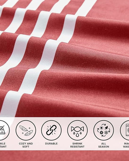 Comfort Spaces Queen Comforter Sets with Sheets - Bed in a Bag 9 Pieces Teen Bedding Sets Queen, Red and Grey Stripes Bedding Queen, College Queen Bed Set with 2 Side Pockets Bedroom Organizer - LeafyLoom