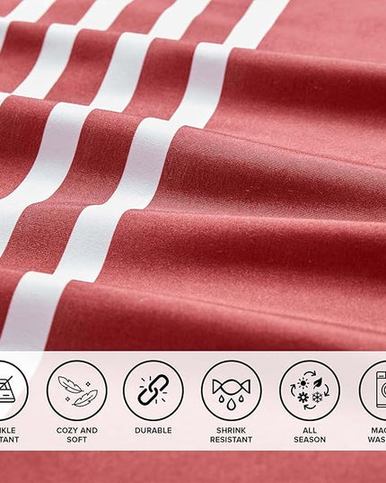 Comfort Spaces Comforter Sets with Sheets - Bed in a Bag 9 Pieces Teen Bedding Sets , Red and Grey Stripes Bedding Full, College Full Bed Set with 2 Side Pockets Bedroom Organizer - LeafyLoom