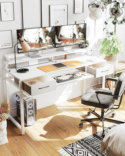ODK Computer Desk Study Table, 55 Inch Office Desk with Drawers and Keyboard Tray, Study Desk Work Desk with Monitor Shelf, Writing Desk with Storage for Home Office, White - LeafyLoom