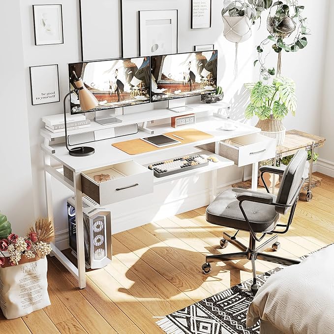 ODK Computer Desk Study Table, 55 Inch Office Desk with Drawers and Keyboard Tray, Study Desk Work Desk with Monitor Shelf, Writing Desk with Storage for Home Office, White - LeafyLoom