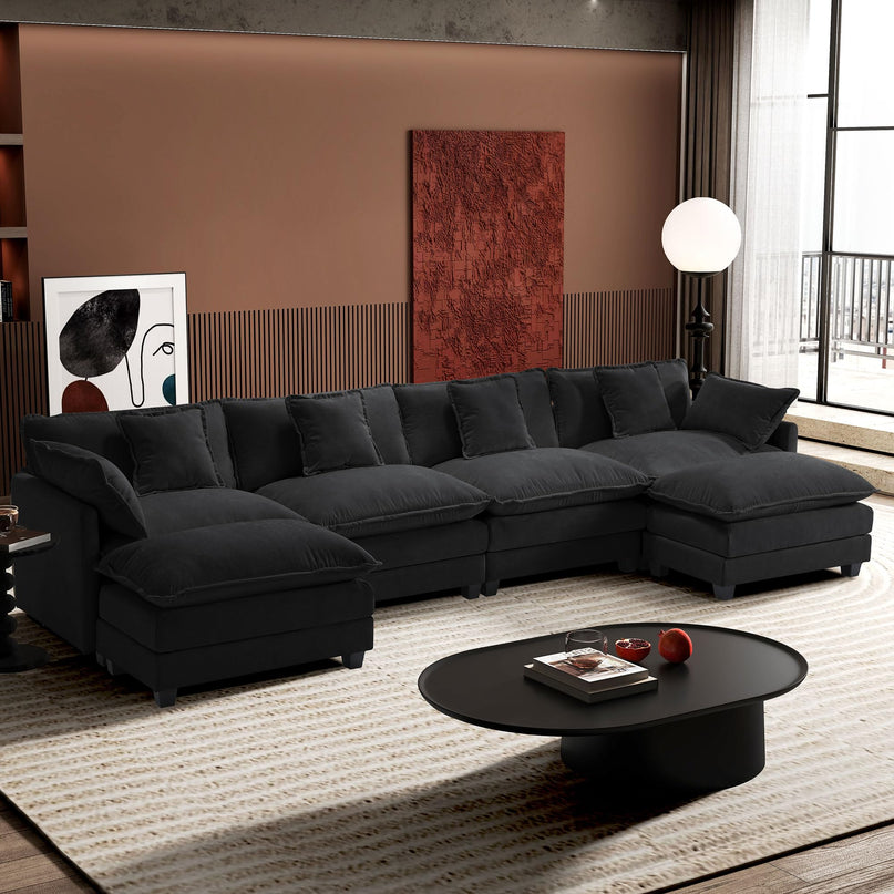 Ihanherry 111.4" L Shaped Modern Sofa Modular Sectional Cloud Couch with Ottoman, 4-Seat Chenille Deep Seat Sofa with Pillow for Living Room, Bedroom and Apartment, Beige LeafyLoom