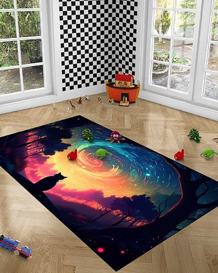 Moon Black Cat Rug - Mystical Stary Night Cat Rug for Kids Bedroom Colorful Black Cat Rug Decor Room Cat Door Mats Outdoor Entrance, 3x5 Feet - LeafyLoom