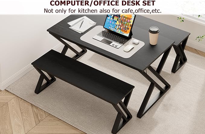 GAOMON 55” Dining Table with Benches, Kitchen Table Set for 4-6, Rectangular Dining Room Table Set with Sturdy Metal Frame, Saving Space for Kitchen, Dining Room, Apartment, Black - LeafyLoom