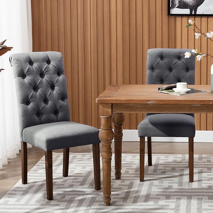 COLAMY Button Tufted Dining Chairs Set of 2, Parsons Upholstered Fabric Dining Room Chairs Kitchen Chairs with Wood Legs and Padded Seat, Dark Grey - LeafyLoom