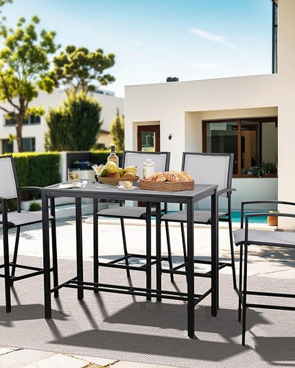 Shintenchi Patio Dining Sets, All Weather Textile Fabric Outdoor High Stool Bistro Set with 4 Bar Chairs and High Glass Table for Home, Backyard, Garden, Lawn, Porch, 5 Pieces - LeafyLoom