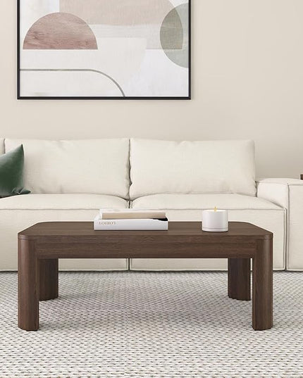 Plank+Beam Small Modern Rounded Coffee Table, 40 Inch, Solid Wood Contemporary Center Table for Living Room, Rectangle Tea Table, Walnut - LeafyLoom