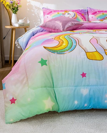 Aimuan Girls Unicorn Comforter Set 6 Pieces Pink Purple Bedding Set with Rainbow Star Galaxy Stars Fantasy Children Room Decor Soft Reversible Bed Sets for Boys/Girls/Teens (Rainbow Twin6Pcs) - LeafyLoom