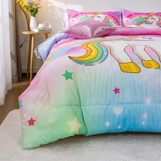 Aimuan Girls Unicorn Comforter Set 6 Pieces Pink Purple Bedding Set with Rainbow Star Galaxy Stars Fantasy Children Room Decor Soft Reversible Bed Sets for Boys/Girls/Teens (Rainbow Twin6Pcs) - LeafyLoom
