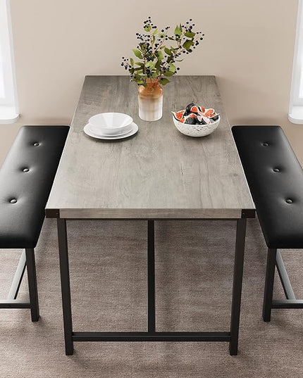 GAOMON Dining Table Set for 4, Kitchen Table with Benches, Rectangular Dining Room Table Set with 2 Upholstered Benches, 3 Piece Kitchen Table Set for Small Space, Apartment, Studio, Retro Grey - LeafyLoom