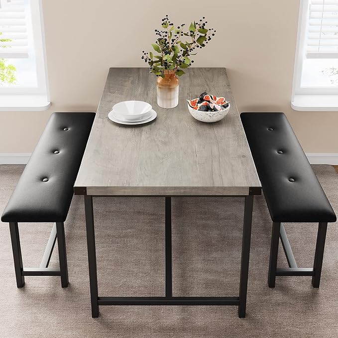 GAOMON Dining Table Set for 4, Kitchen Table with Benches, Rectangular Dining Room Table Set with 2 Upholstered Benches, 3 Piece Kitchen Table Set for Small Space, Apartment, Studio, Retro Grey - LeafyLoom