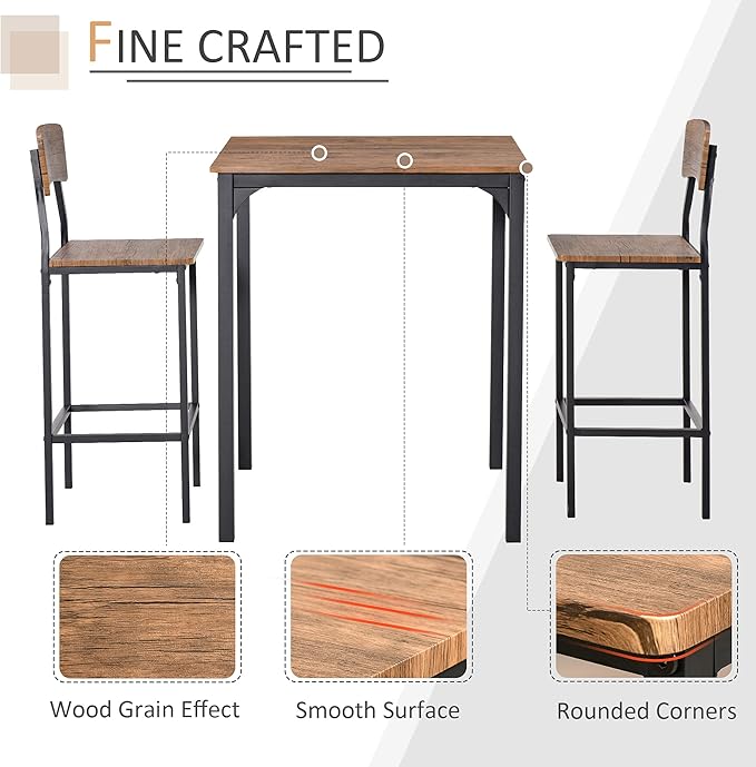 NicBex Kitchen Table for 2 Dining Room Set 3 Piece Bar Table Set, Industrial Counter Height Dining Table Set, Bar Table & Chairs with Steel Legs & Footrests, Rustic Brown - LeafyLoom