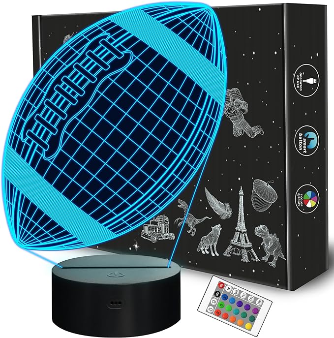 FULLOSUN Football 3D Night Light, American Football 3D Illusion Lamp for Kids with Remote 16 Colors Changing, Creative Birthday Rugby Gifts for Boy Girl Bedroom Decoration - LeafyLoom