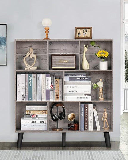 LEYAOYAO 8 Cube Bookshelf,3 Tier Bookcase with Legs,Modern Grey Mid-Century Bookshelves,Large Farmhouse Open Storage Organizer Shelf, Retro Wooden Display Book Case for Bedroom,Living Room,Office - LeafyLoom