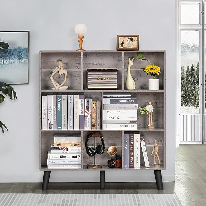 LEYAOYAO 8 Cube Bookshelf,3 Tier Bookcase with Legs,Modern Grey Mid-Century Bookshelves,Large Farmhouse Open Storage Organizer Shelf, Retro Wooden Display Book Case for Bedroom,Living Room,Office - LeafyLoom