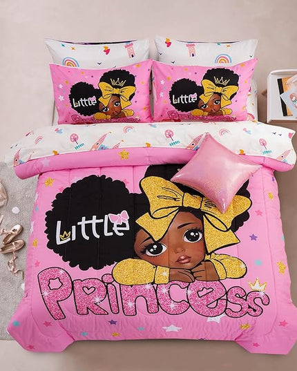 A Nice Night Black Girl Little Princess Comforter Set, Pink 6Pcs Bed in A Bag Twin Size Sparkling Stars Bedding Set,for Kids, Girls - LeafyLoom