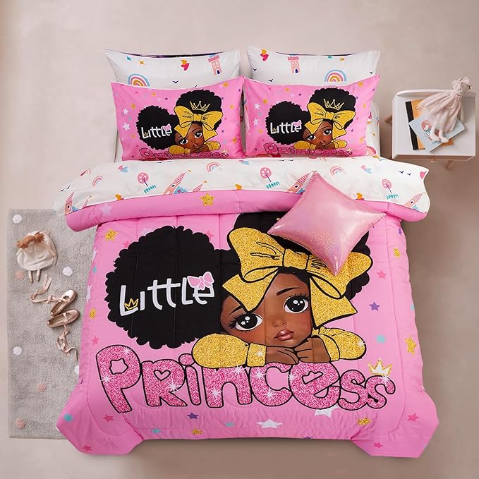 A Nice Night Black Girl Little Princess Comforter Set, Pink 6Pcs Bed in A Bag Twin Size Sparkling Stars Bedding Set,for Kids, Girls - LeafyLoom