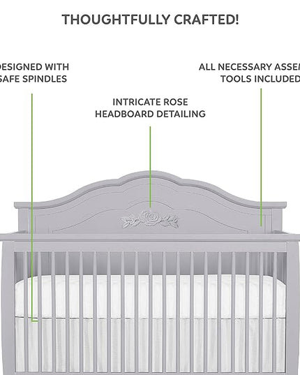 SweetPea Baby Rose 4-in-1 Convertible Crib in Silver Shimmer, Baby Crib with Spindles, Greenguard Gold Certified, Easy Assembly, Sustainable New Zealand Pinewood - LeafyLoom
