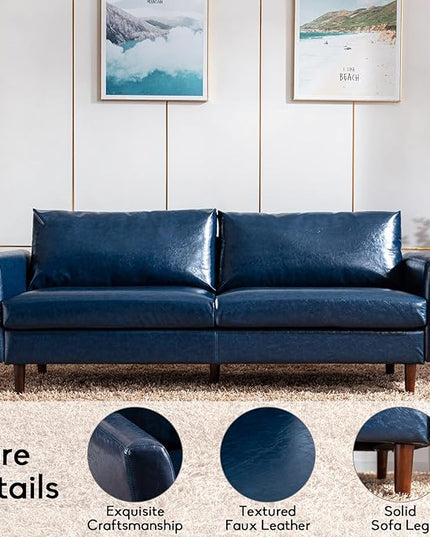 Dreamsir 80'' Faux Leather Sofa Couch, Mid-Century Modern Sofa with Solid Wooden Frame & Padded Cushions, 3-Seater Couch for Living Room, Apartment, Lounge Room (Blue) - LeafyLoom