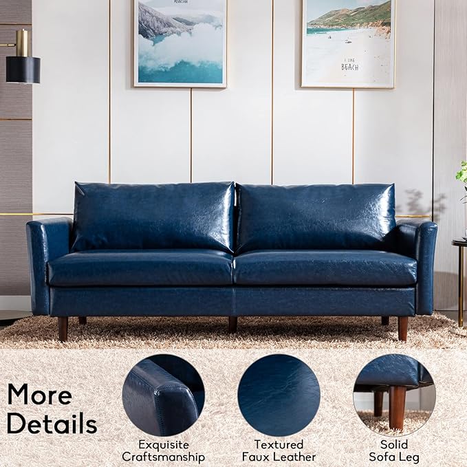 Dreamsir 80'' Faux Leather Sofa Couch, Mid-Century Modern Sofa with Solid Wooden Frame & Padded Cushions, 3-Seater Couch for Living Room, Apartment, Lounge Room (Blue) - LeafyLoom