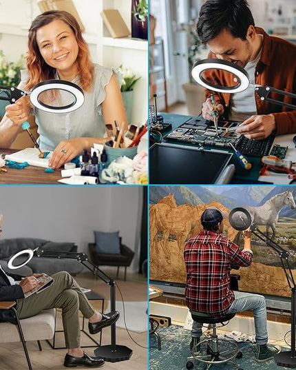 8X Magnifying Glass with Light and Stand, 3 Color Temperatures, Adjustable Brightness Magnifying Floor Lamp, Swing Arm Lighted Magnifier for Reading, Crafts and Close Work - LeafyLoom