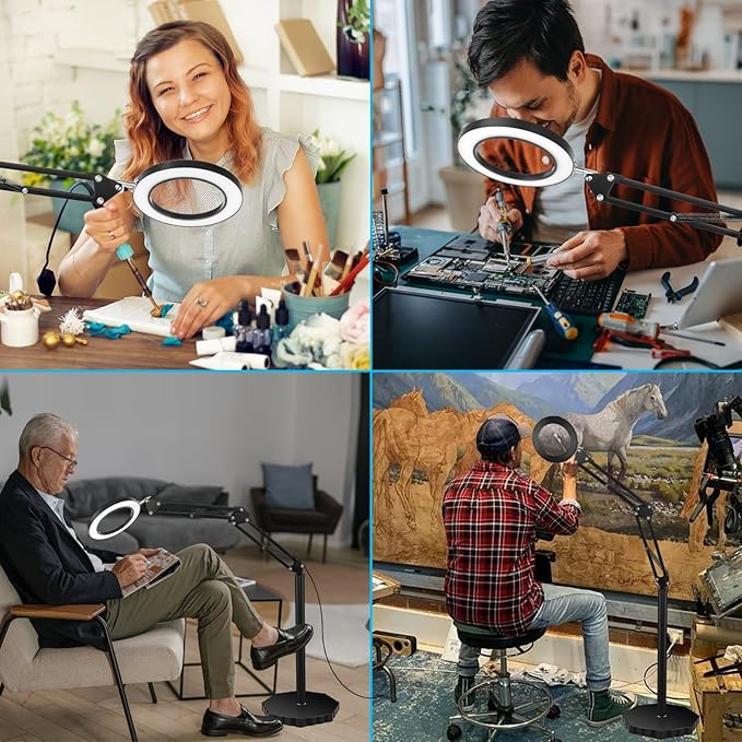 8X Magnifying Glass with Light and Stand, 3 Color Temperatures, Adjustable Brightness Magnifying Floor Lamp, Swing Arm Lighted Magnifier for Reading, Crafts and Close Work - LeafyLoom