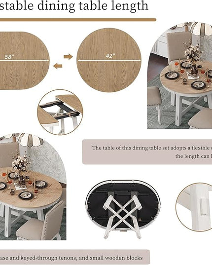 RITSU 5-Piece Farmhouse Round Retractable Table Set with 4 Upholstered Dining Chairs, Copper Ingot Trim, MDF and Rubber Wood for Living Room, Apartment, Antique White, 58inch - LeafyLoom