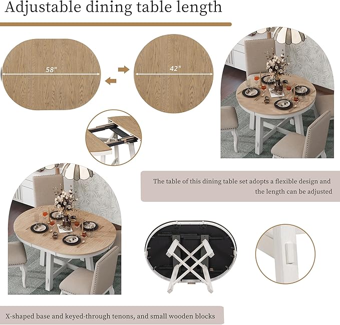 5-Piece Dinette Sets Round Extendable Kitchen Dining Table, 4 Upholstered Chairs, for Diningroom Living Room, Easy to Assemble, Oak Natural Wood + Antique White - LeafyLoom
