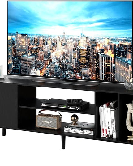 Yusong TV Stand for 55/65 inch TV, Mid Century Modern TV Console Table, Media Entertainment Center with Storage for Living Room Bedroom, Wood TV Cabinet, Oak Black - LeafyLoom