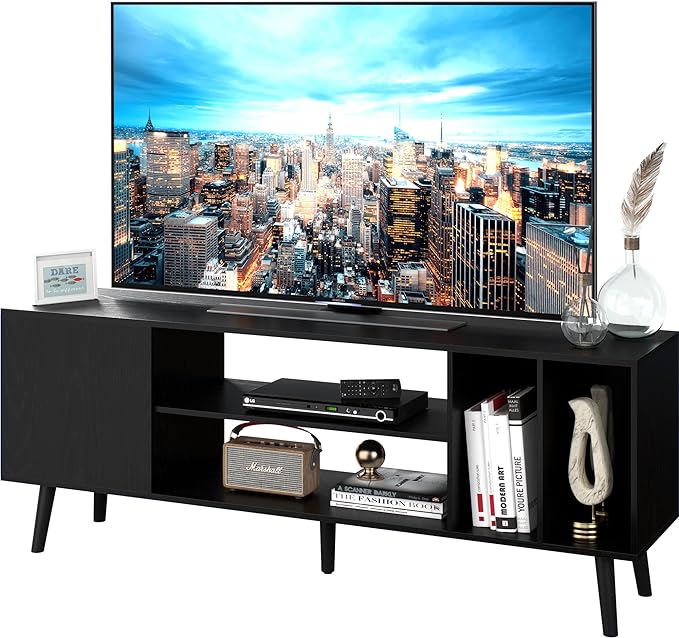 Yusong TV Stand for 55/65 inch TV, Mid Century Modern TV Console Table, Media Entertainment Center with Storage for Living Room Bedroom, Wood TV Cabinet, Oak Black - LeafyLoom