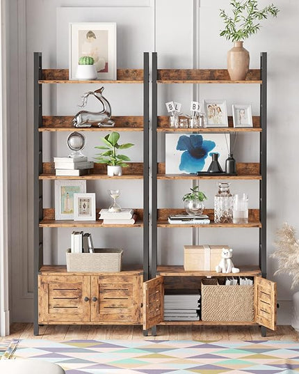 IRONCK Bookshelf with Louvered Doors, 4-tier Ladder Shelf with Cabinet Industrial Accent Furniture for Bedroom Living Room Home Office, Rustic Brown - LeafyLoom