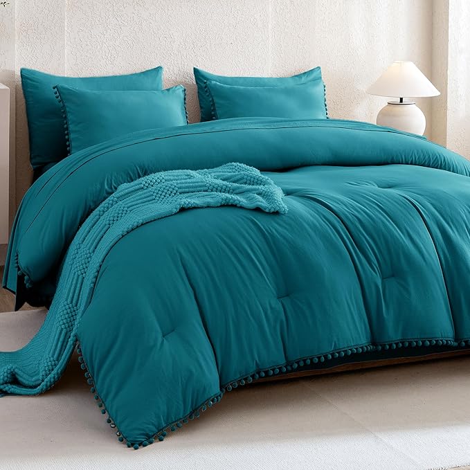 Litanika King Size Comforter Set Turquoise,3 Pieces Turquoise Boho Pom Pom Lightweight Bed Comforter, All Season Soft Solid Color Bedding Comforter Sets (1 Comforter 104x90 Inch, 2 Pillowcases) - LeafyLoom